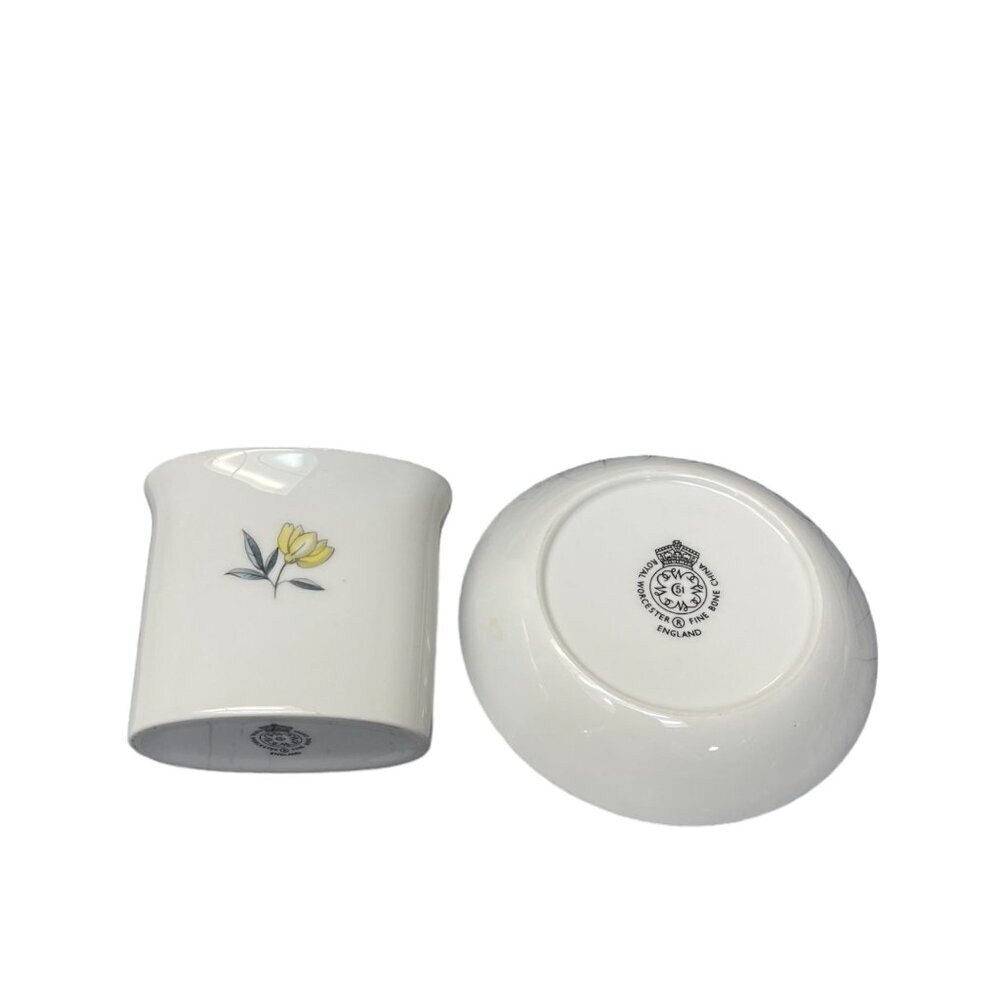 Royal Worcester Bone China Floral Toothpick Holder Vase & Trinket Dish Gold Trim - Picture 2 of 7